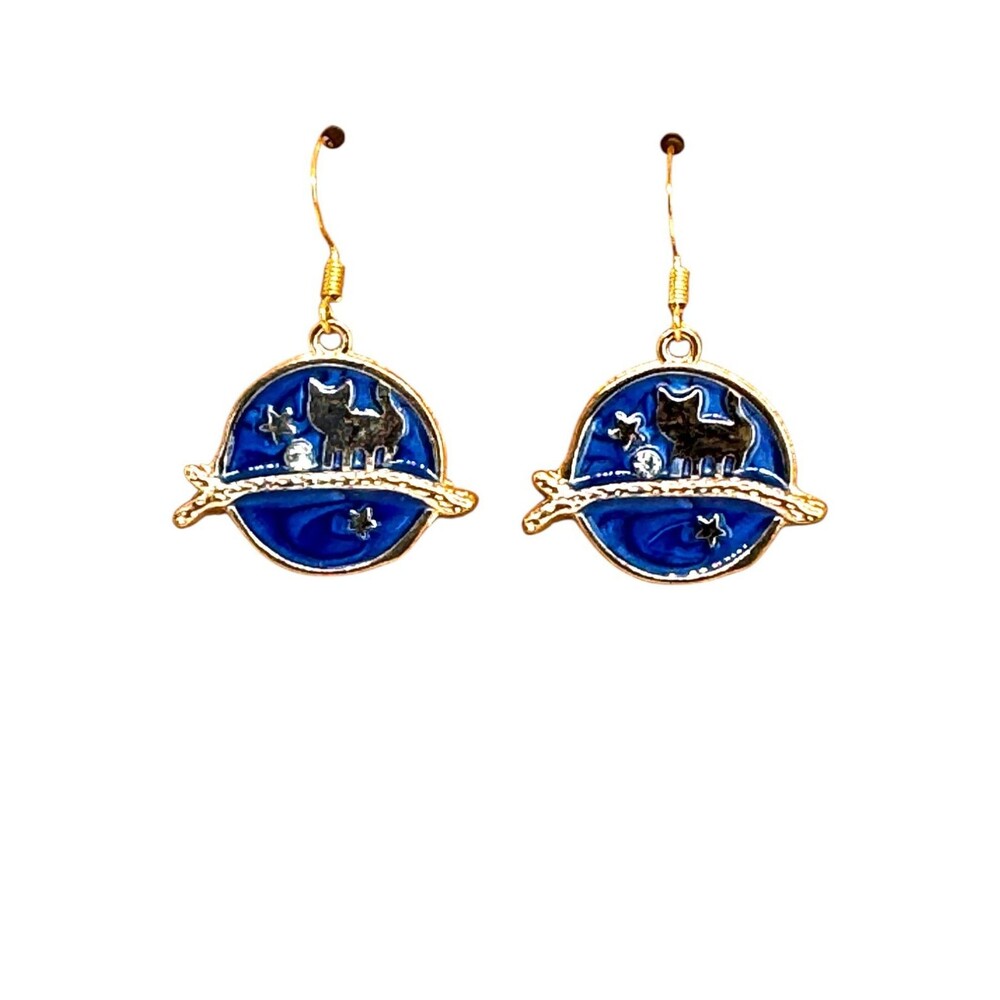 Cat on Branch Charm on 10kt Gold Plated Hook Earrings #2126